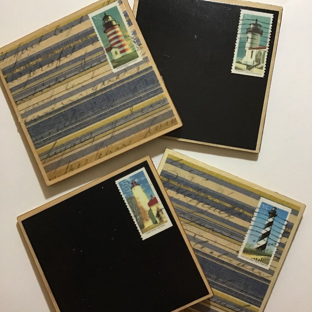 Lighthouse Coasters, 4 pack, Real Postage Stamp Wood Coaster Set with Cork Backi